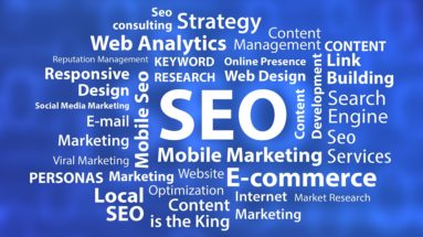 A blue word chart shows various business words like SEO, Content Marketing, Social Media, and Web Analytics.